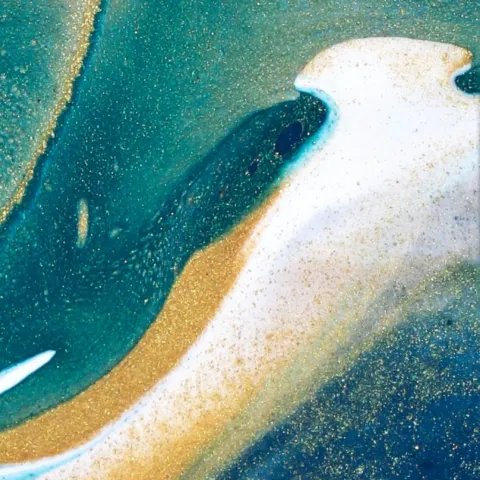 Abstract art representing the AI music creation process, with flowing gold and green colors.